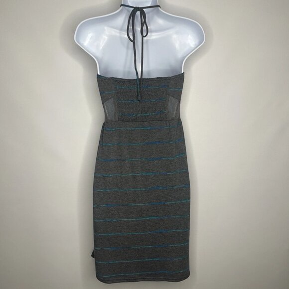 Hurley Halter Dress Sundress Size M Mini Gray Blue Striped Knit Smocked Mesh - Picture 5 of 8